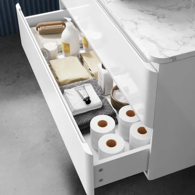 Corsica Gloss White Vanity Drawer with Marble Top & Curved Counter Top Basin 1000mm