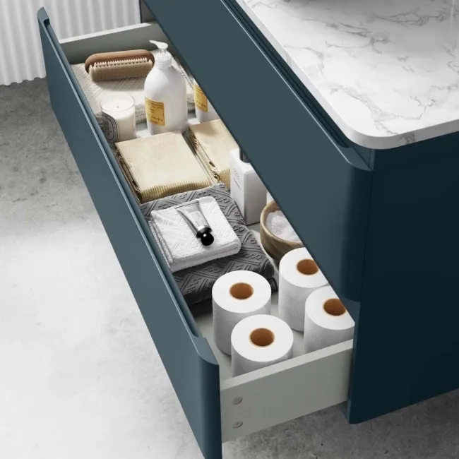 Corsica Inky Blue Vanity Drawer with Marble Top & Curved Counter Top Basin 1000mm