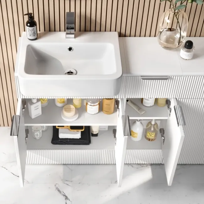 Sicily Fluted Coastal White Combination Vanity Basin 1500mm (Excludes Toilet) - Chrome Handles