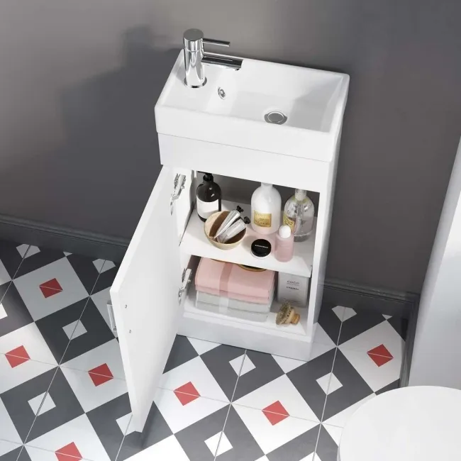 Quartz Gloss White Cloakroom Floor Standing Basin Vanity 400mm and Round Toilet Set