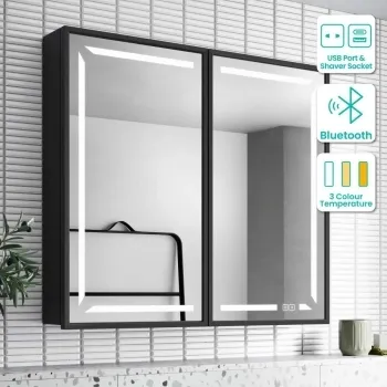 Mia Black Framed Illuminated LED Mirror Cabinet With BLUETOOTH Speaker & USB Port 710x800mm