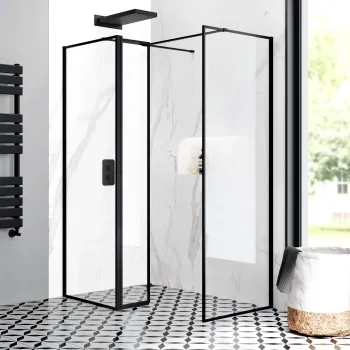 Munich Matt Black Framed 8mm Walk In Shower Enclosure 700mm & 800mm Glass with Pivotal Return Panel