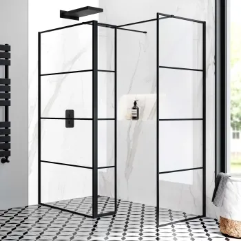 Munich Matt Black Grid 8mm Walk In Shower Enclosure 1100mm & 700mm Glass with Pivotal Return Panel