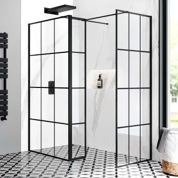 Munich Matt Black Grid 8mm Walk In Shower Enclosure 1100mm & 700mm Glass with Pivotal Return Panel