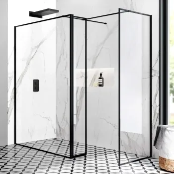 Munich Matt Black Framed 8mm Walk In Shower Enclosure 1400mm & 700mm Glass with Pivotal Return Panel