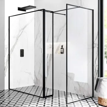 Munich Matt Black Framed 8mm Walk In Shower Enclosure 1400mm & 900mm Glass with Pivotal Return Panel
