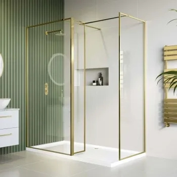 Munich Brushed Brass Framed 8mm Walk In Shower Enclosure 1000mm & 700mm Glass with Return Panel