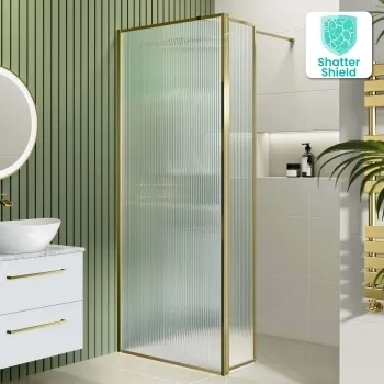 Munich Fluted Effect Brushed Brass 8mm Wet Room Shower Glass 800mm & 250mm Pivotal Return Panel