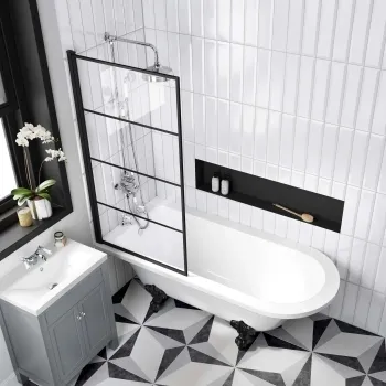 Abingdon 1700 Roll Top Shower Bath - Black Ball Feet & 6mm Easy Clean Matt Black Grid Screen