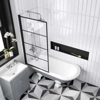 Abingdon 1500 Dove Grey Roll Top Shower Bath - White Ball Feet & 6mm Easy Clean Matt Black Grid Screen