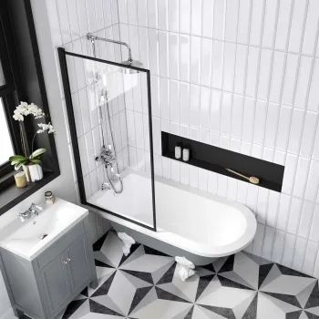 Abingdon 1500 Dove Grey Roll Top Shower Bath - White Ball Feet & 6mm Easy Clean Matt Black Framed Screen