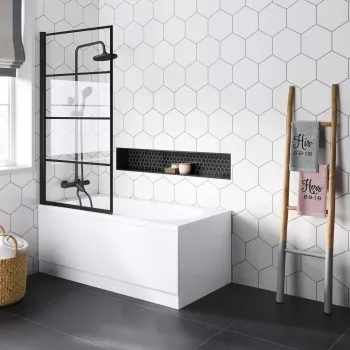 Stafford 1400x700 Round Shower Bath & 6mm Easy Clean Matt Black Grid Bath Screen