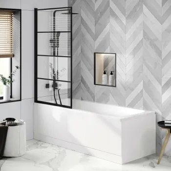 Hereford 1700x750 Square Shower Bath & 6mm Easy Clean Matt Black Grid Bath Screen