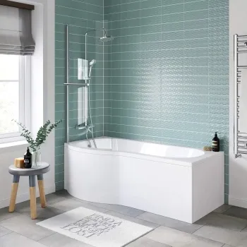 P Shaped 1700 Shower Bath with Front Panel & 4mm Screen with Rail - Left Handed