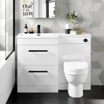 Avon Gloss White Combination Basin Drawer and Seattle Toilet 1100mm - Black Accents - Left Handed