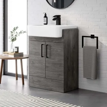 Harper Charcoal Elm Vanity with Semi Recessed Basin 600mm - Black Accents
