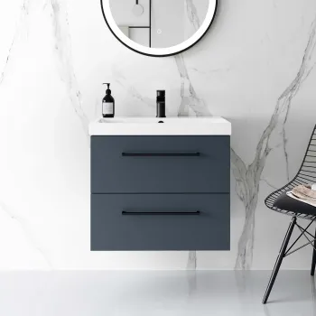 Elba Inky Blue Wall Hung Basin Drawer Vanity 600mm - Black Accents
