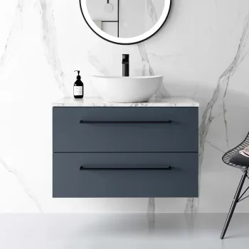 Elba Inky Blue Wall Hung Drawer Vanity with Marble Top & Oval Counter Top Basin 800mm - Black Accents