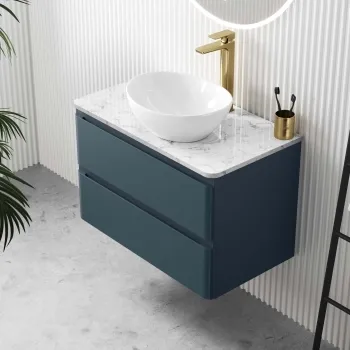 Corsica Inky Blue Wall Hung Drawer Vanity with Marble Top & Oval Counter Top Basin 800mm