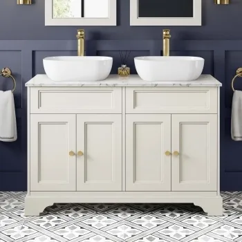 Lucia Chalk White Double Vanity with Marble Top & Curved Counter Top Basin 1200mm - Brushed Brass Accents