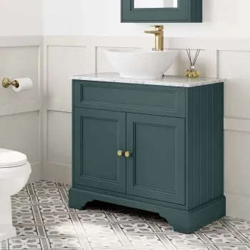 Lucia Midnight Green Vanity with Marble Top & Oval Counter Top Basin 840mm - Brushed Brass Accents