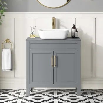 Bermuda Dove Grey Vanity with Curved Counter Top Basin 800mm - Brass Knurled Handles