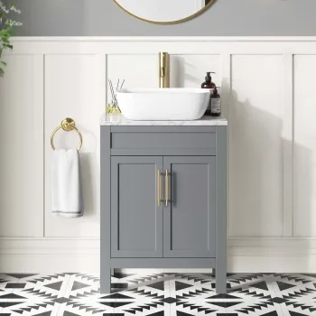 Bermuda Dove Grey Vanity with Marble Top & Curved Counter Top Basin 600mm - Brass Knurled Handles