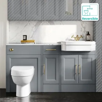 Monaco Dove Grey Combination Vanity Traditional Basin with Marble Top and Seattle Toilet 1500mm - Brass Knurled Handles