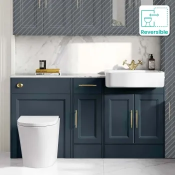 Monaco Inky Blue Combination Vanity Basin with Marble Top and Boston Toilet 1500mm - Brass Knurled Handles