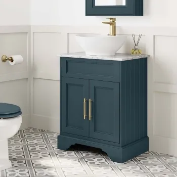 Lucia Inky Blue Vanity with Marble Top & Oval Counter Top Basin 640mm - Brass Knurled Handles