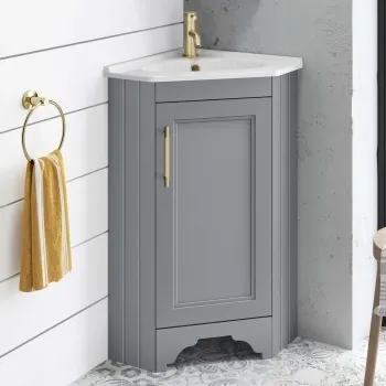 Lucia Dove Grey Corner Basin Vanity 400mm - Brass Knurled Handle