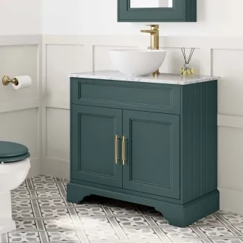 Lucia Midnight Green Vanity with Marble Top & Round Counter Top Basin 840mm - Brass Knurled Handles