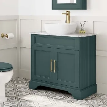 Lucia Midnight Green Vanity with Marble Top & Curved Counter Top Basin 840mm - Brass Knurled Handles