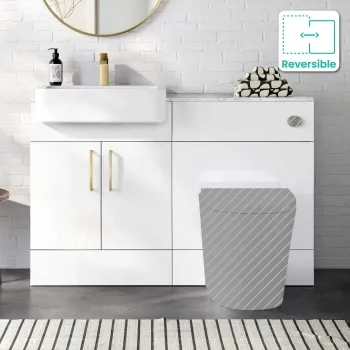 Harper Gloss White Basin Vanity with Marble Top & Back To Wall Unit 1200mm (Excludes Toilet) - Brushed Brass Accents