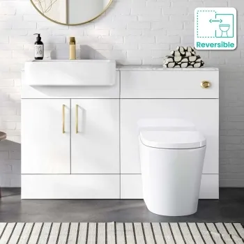 Harper Gloss White Combination Vanity Basin with Marble Top & Boston Toilet 1200mm - Brushed Brass Accents