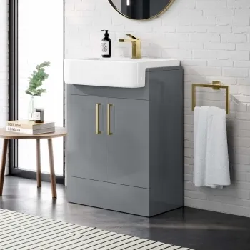 Harper Stone Grey Vanity with Semi Recessed Basin 600mm -Brushed Brass Accents