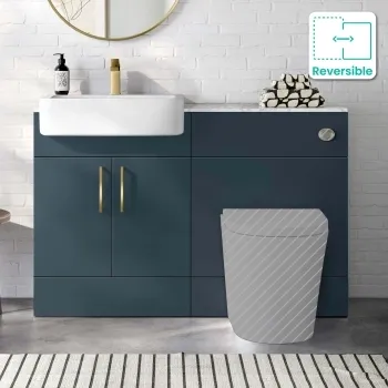 Harper Navy Blue Basin Vanity with Marble Top & Back To Wall Unit 1200mm (Excludes Toilet) - Brushed Brass Accents