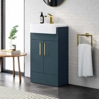 Harper Navy Blue Vanity with Semi Recessed Basin 500mm - Brushed Brass Accents
