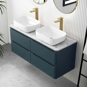 Corsica Inky Blue Wall Hung Drawer Vanity with Marble Top & Curved Counter Top Basin 1200mm