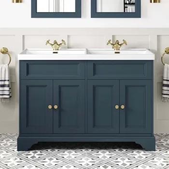 Lucia Inky Blue Double Basin Vanity 1200mm - Brushed Brass Accents