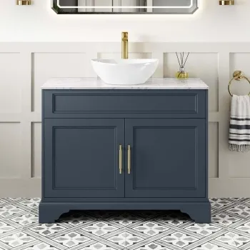 Lucia Inky Blue Vanity with Marble Top & Oval Counter Top Basin 1030mm - Brass Knurled Handles