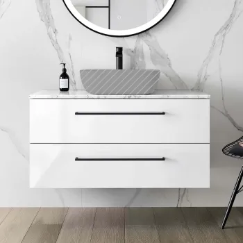 Elba Gloss White Wall Hung Drawer Vanity 1000mm Excludes Counter Top Basin - Black Accents