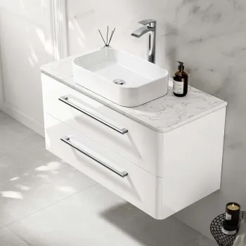 Omaha Gloss White Wall Hung Drawer Vanity with Marble Top & Marin Basin 1000mm