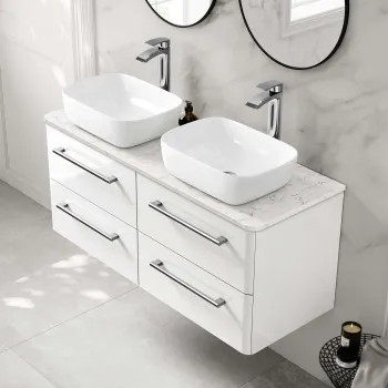 Omaha Gloss White Wall Hung Drawer Vanity with Marble Top & Curved Counter Top Basin 1200mm