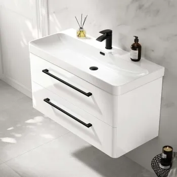 Omaha Gloss White Wall Hung Basin Drawer Vanity 1000mm - Black Accents