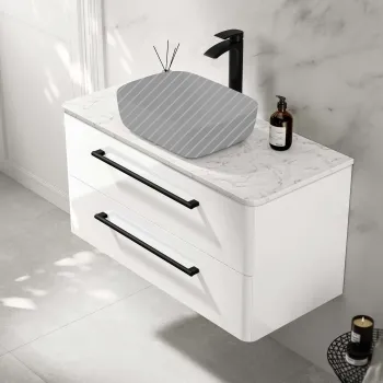 Omaha Gloss White Wall Hung Drawer Vanity with Marble Top 1000mm (Excludes Counter Top Basin) - Black Accents
