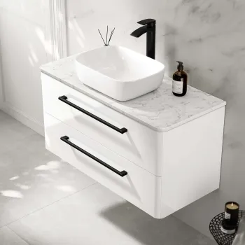 Omaha Gloss White Wall Hung Drawer Vanity with Marble Top & Curved Counter Top Basin 1000mm - Black Accents