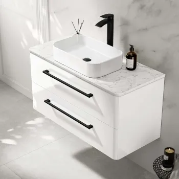 Omaha Gloss White Wall Hung Drawer Vanity with Marble Top & Marin Basin 1000mm - Black Accents