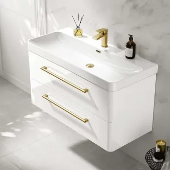 Omaha Gloss White Wall Hung Basin Drawer Vanity 1000mm - Brushed Brass Accents