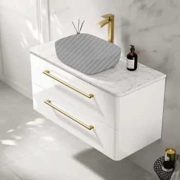 Omaha Gloss White Wall Hung Drawer Vanity with Marble Top 1000mm (Excludes Counter Top Basin) - Brushed Brass Accents